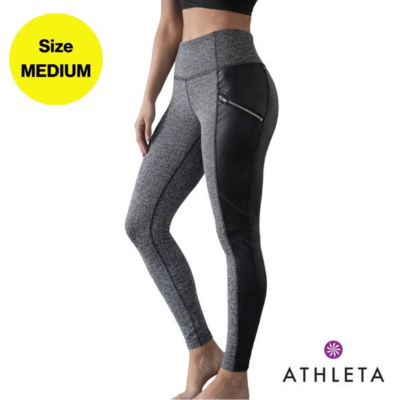 Athleta Pants - ATHLETA 🩶 Chic Gray, Black Faux Leather Panel High-Waist Leggings (Size Medium)